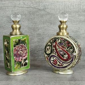 Set Of Two Beautiful Vintage Heavy Brass Enameled Perfume Bottles